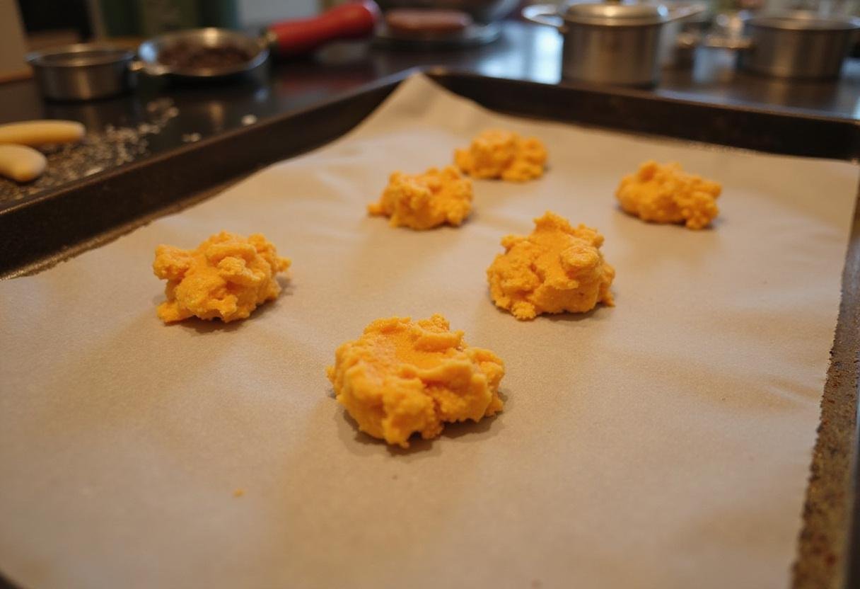 Shaping persimmon cookies on a baking sheet, preparing for a delightful baking session with a vegan sugar cookie recipe.