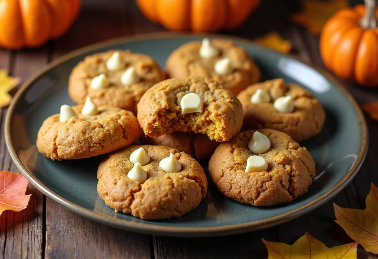 delicious pumpkin white chocolate chip cookies served on a plate with autumn decoration