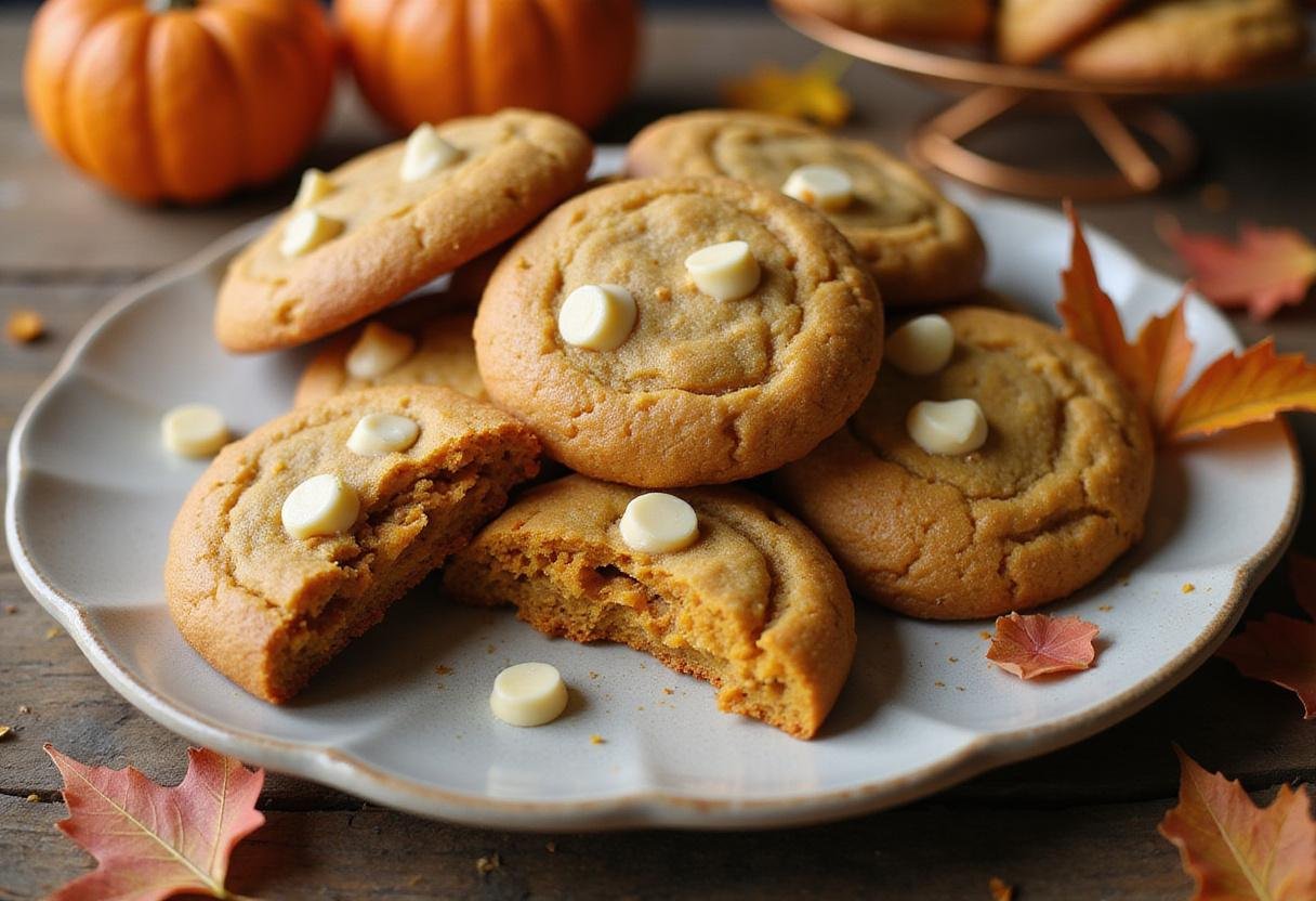 delicious pumpkin white chocolate chip cookies served on a plate with autumn decoration