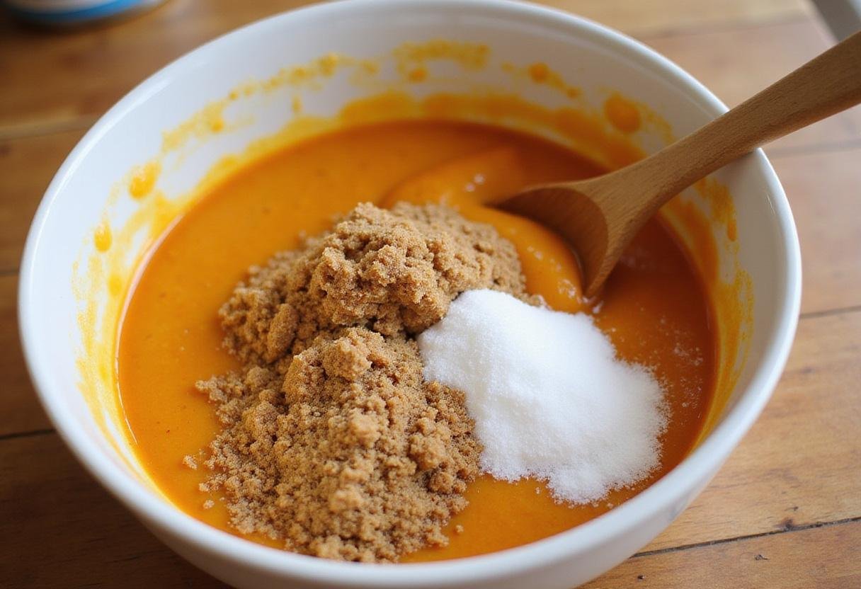 pumpkin puree and sugars for pumpkin white chocolate chip cookies preparation on wooden counter