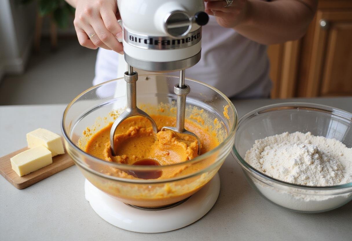 mixing ingredients for pumpkin white chocolate chip cookies with electric mixer in a cozy kitchen