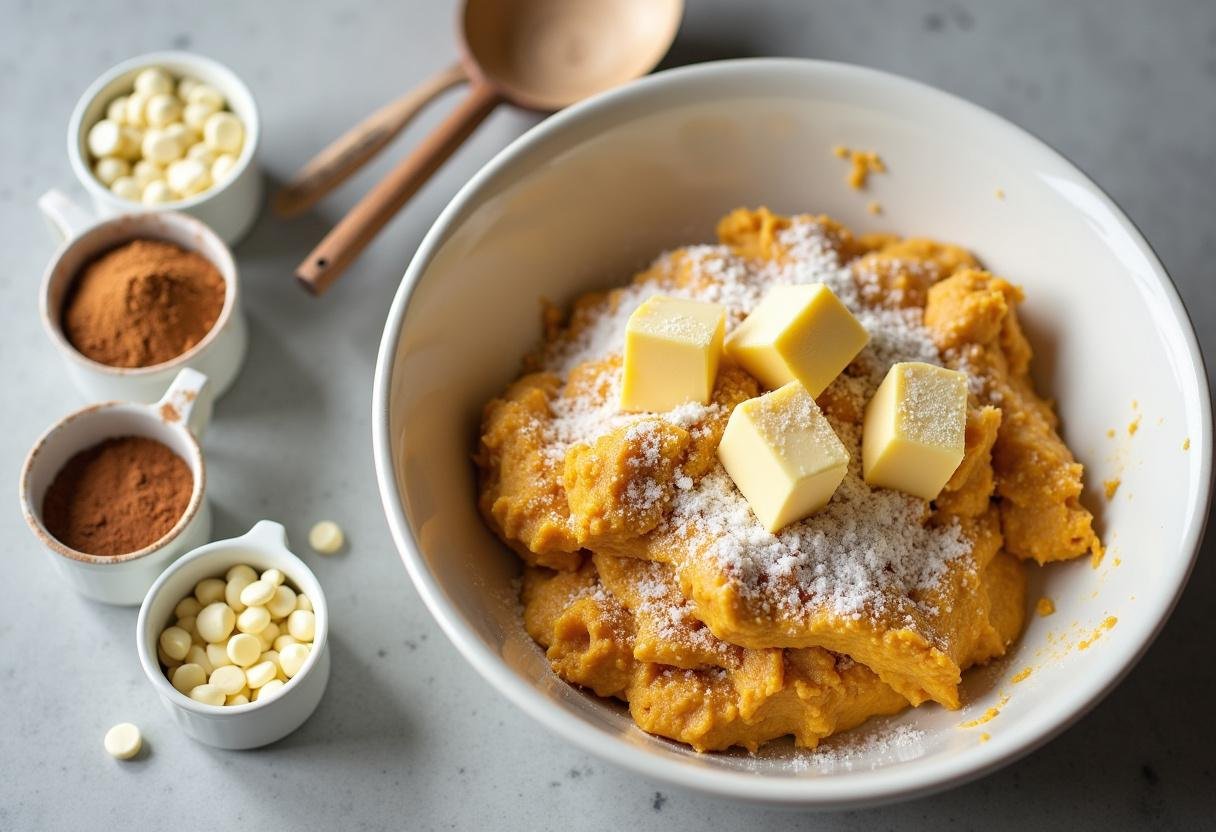 pumpkin cookie dough and ingredients for pumpkin white chocolate chip cookies on kitchen counter