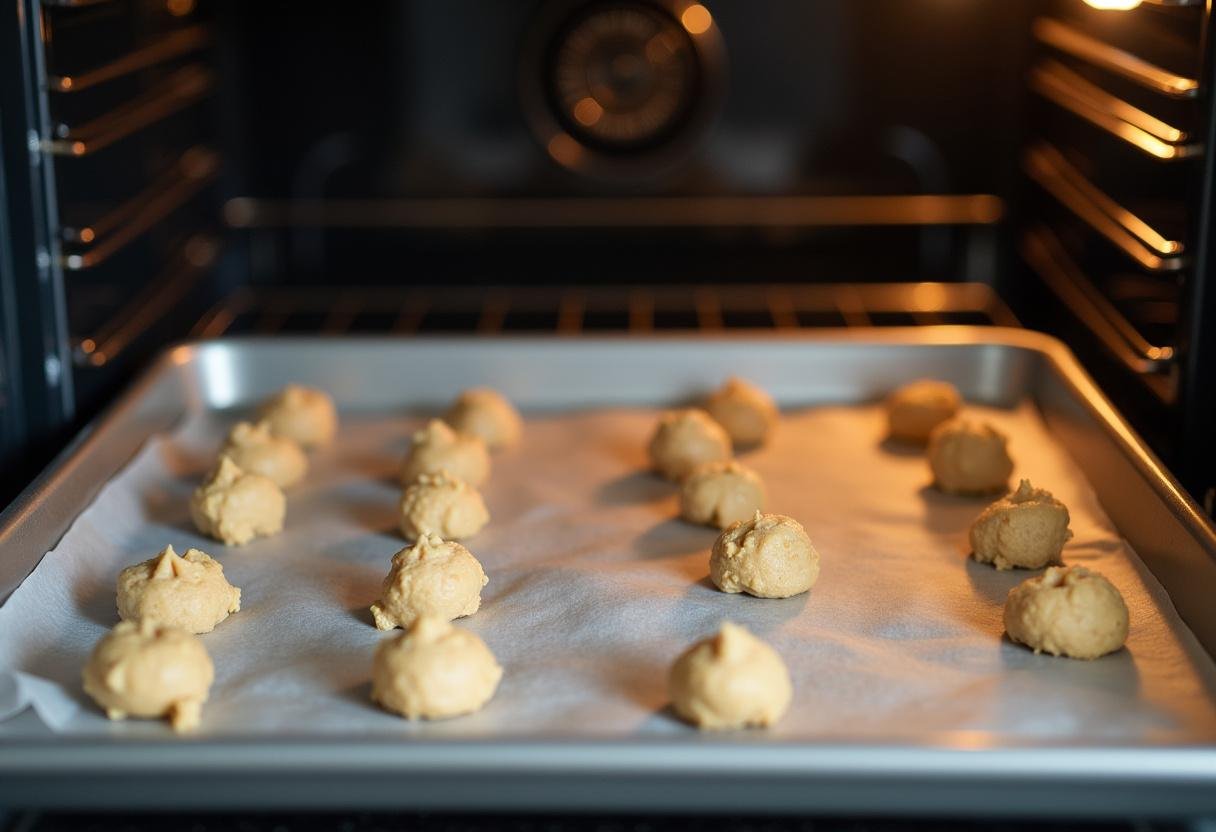 cookie dough dollops for pumpkin white chocolate chip cookies on baking tray ready for oven