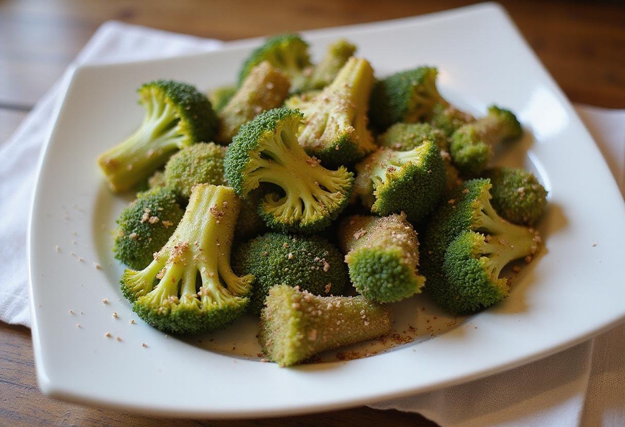 Final presentation of air fryer frozen broccoli, a quick and healthy side dish ideal for any meal.