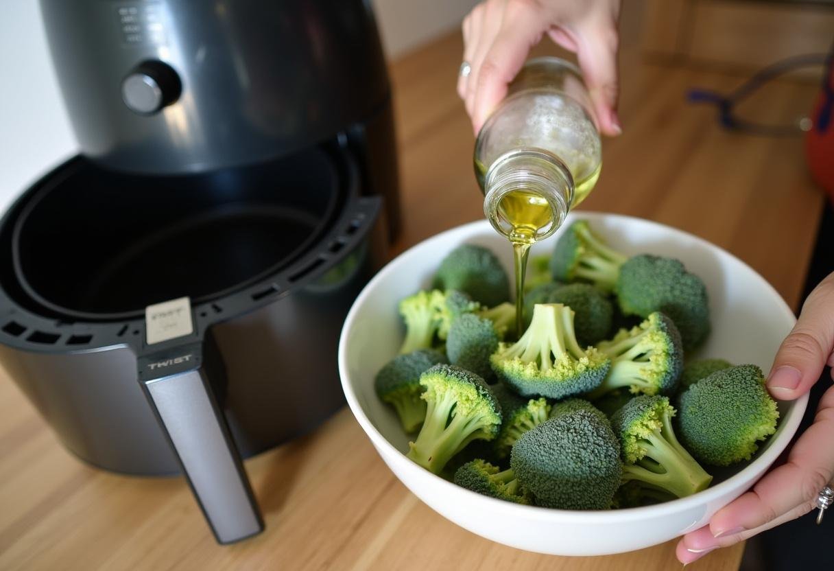 Preparing frozen broccoli in air fryer with olive oil for a delicious quick air fryer frozen broccoli recipe.