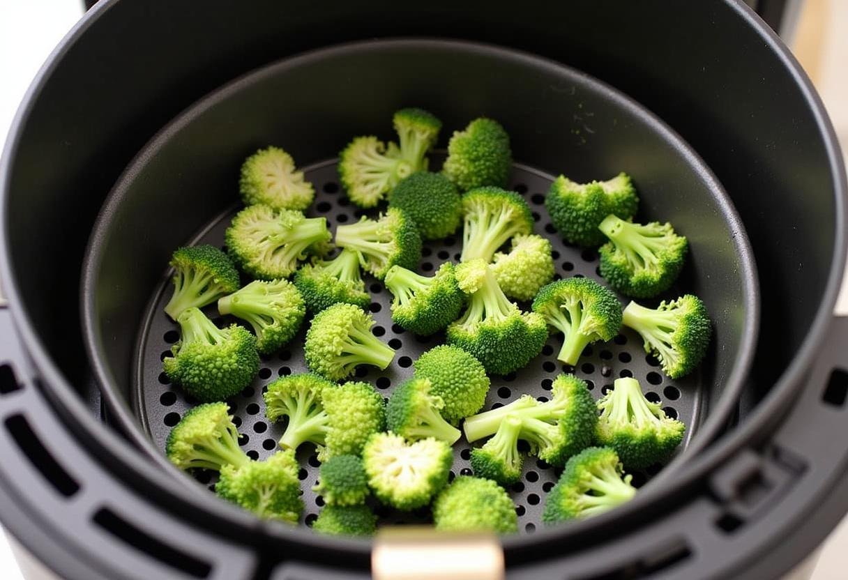 Filling the air fryer basket with seasoned frozen broccoli for the best air fryer frozen broccoli result.