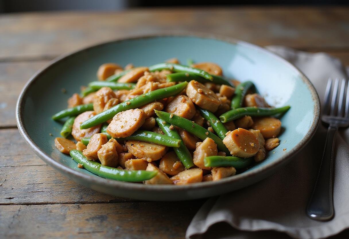 Final presentation of chicken and green bean stir fry, capturing its appeal as a quick, healthy meal option, rich in color and flavor.