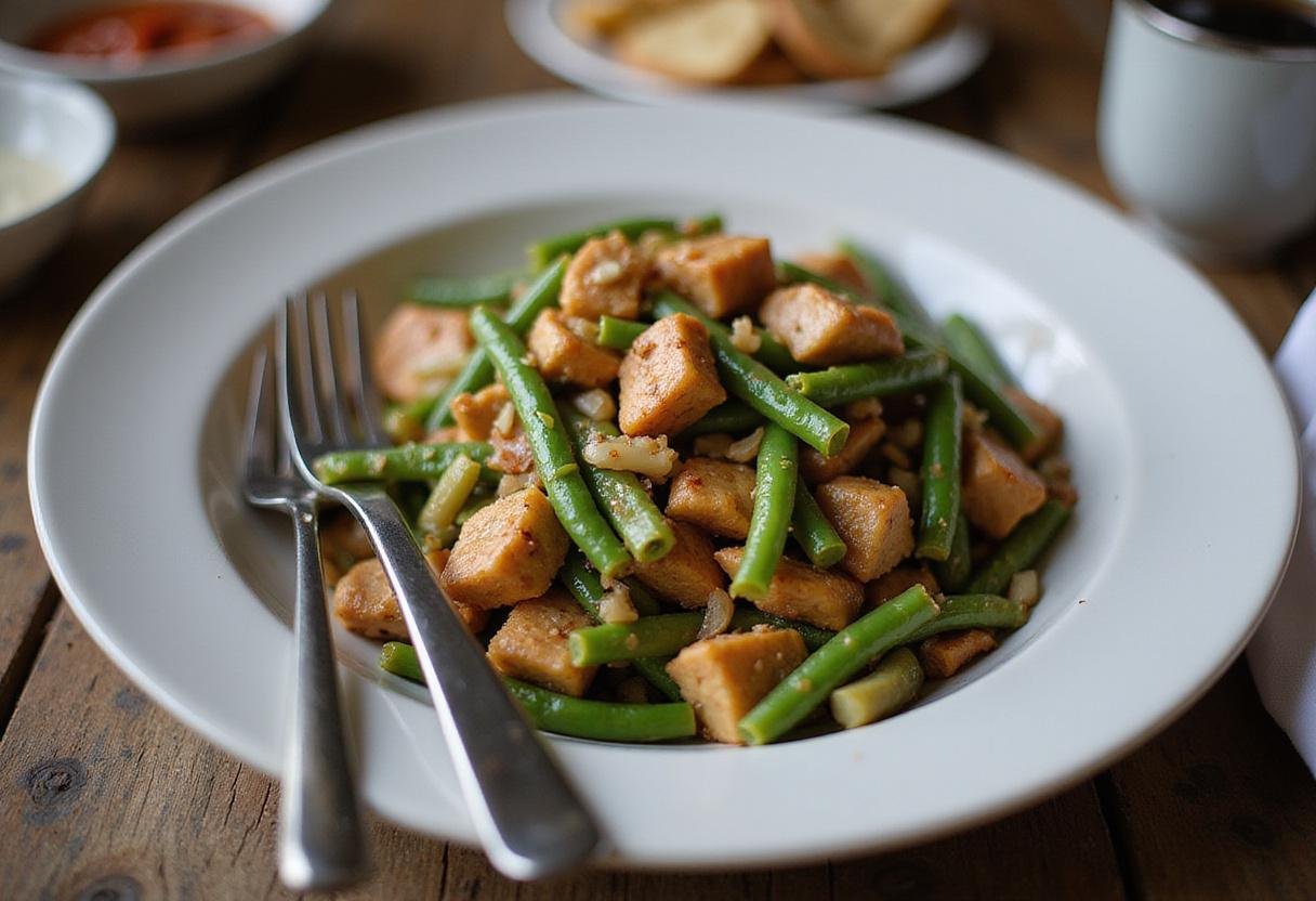 Final presentation of chicken and green bean stir fry, capturing its appeal as a quick, healthy meal option, rich in color and flavor.