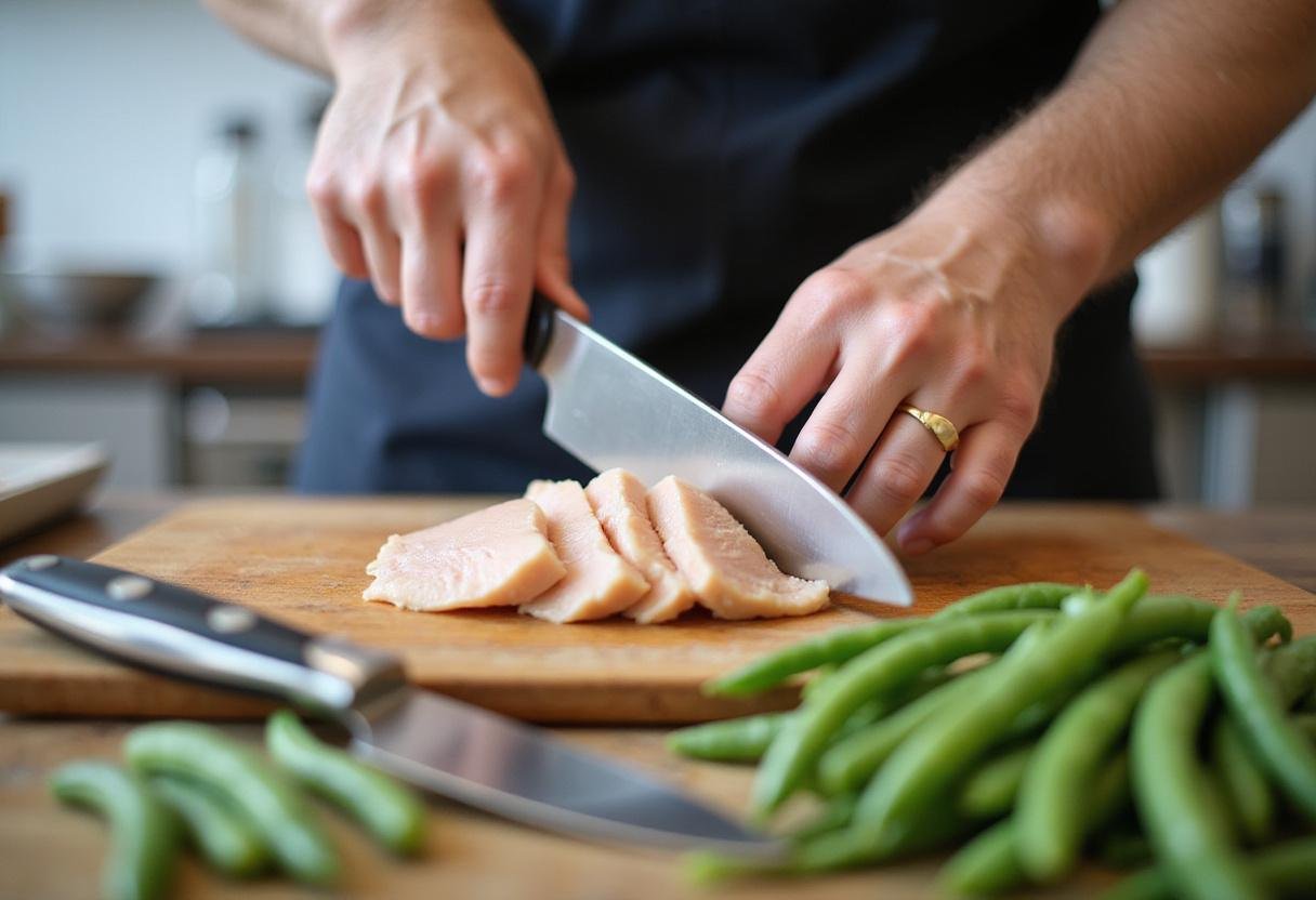 Preparing chicken for chicken and green bean stir fry, showcasing marinated chicken strips with vibrant green beans.