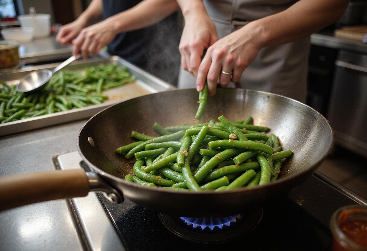 Cooking preparation for chicken and green bean stir fry with oil heating in a wok and fresh green beans ready to be sautéed.