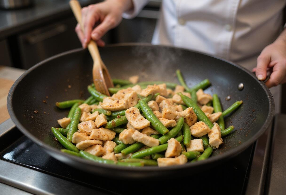 Sautéing chicken strips and green beans in a wok for a delicious chicken and green bean stir fry, capturing the vibrant colors and textures.