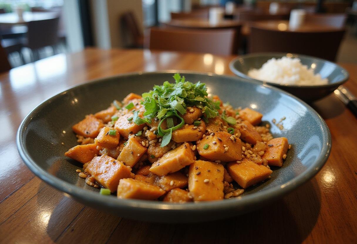 Plated chicken and green bean stir fry with garnishes, ready to serve alongside steamed rice, highlighting the dish's delicious presentation.
