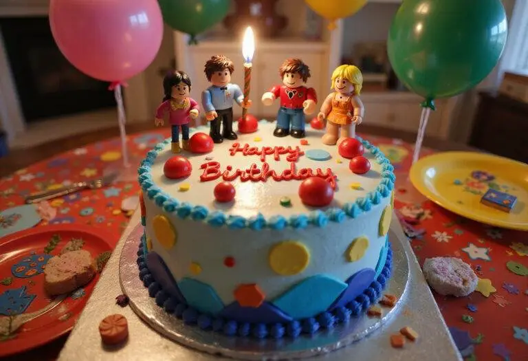 Final presentation of a Roblox Birthday Cake on a decorated table, perfect for a vibrant birthday celebration.