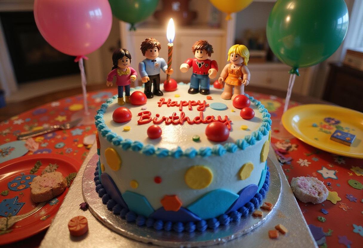 Final presentation of a Roblox Birthday Cake on a decorated table, perfect for a vibrant birthday celebration.
