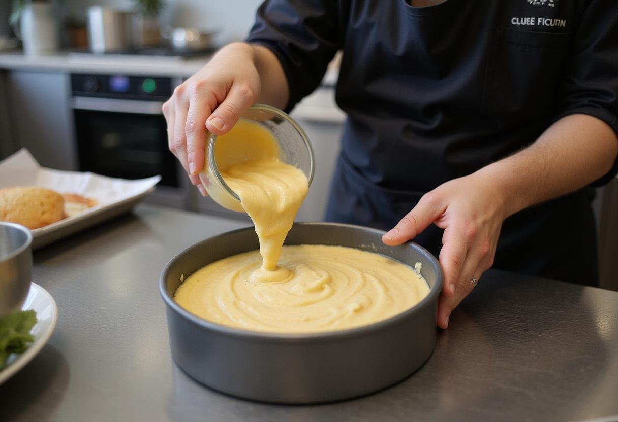 Pouring cake batter into a pan for Roblox Birthday Cake, capturing the process of baking a creative and fun cake.