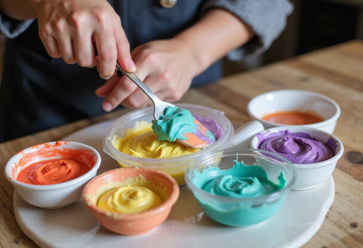 Mixing colorful frostings for Roblox Birthday Cake, showcasing the vibrant colors that will bring the cake to life.