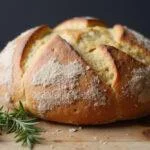 Freshly baked rosemary sourdough bread showcased on a wooden board with rosemary, perfect for any meal.