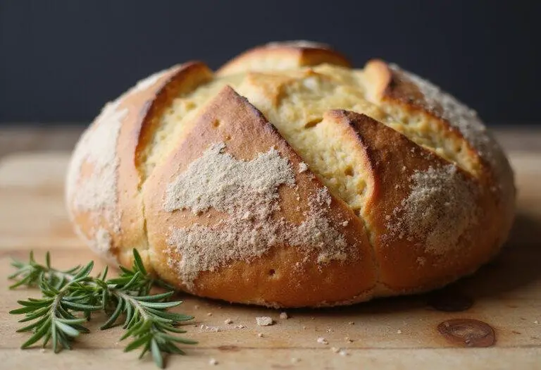 Freshly baked rosemary sourdough bread showcased on a wooden board with rosemary, perfect for any meal.