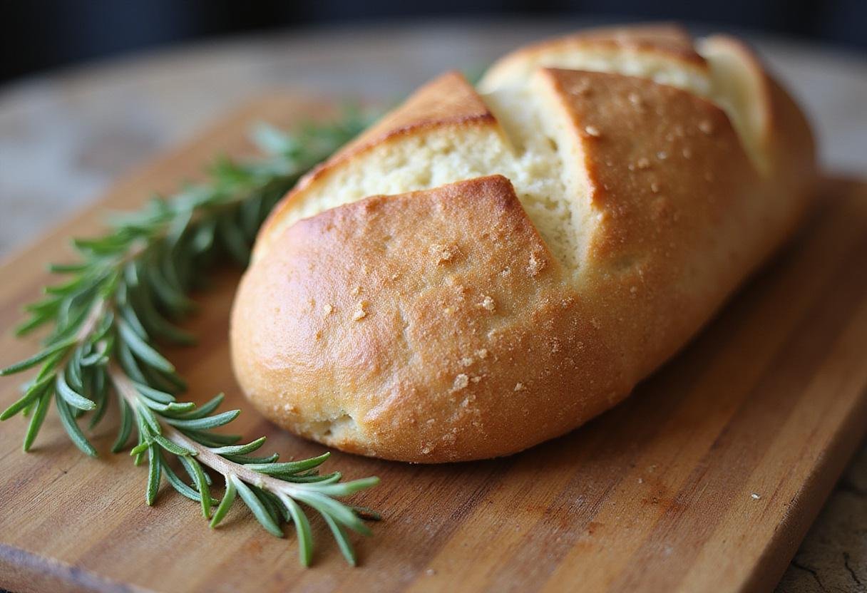 Freshly baked rosemary sourdough bread showcased on a wooden board with rosemary, perfect for any meal.