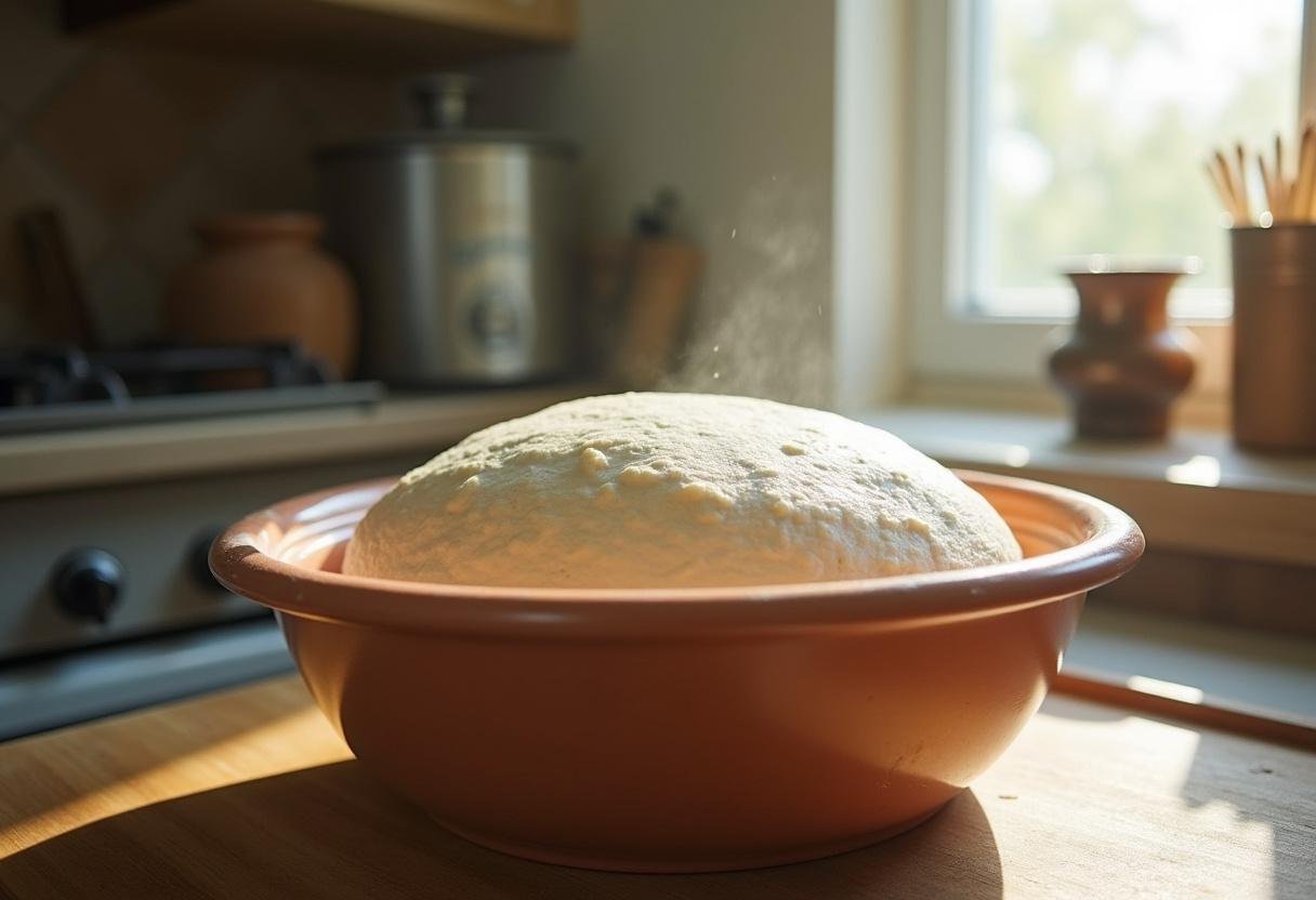 Resting step of rosemary sourdough bread dough, showing fermentation action on the kitchen counter.