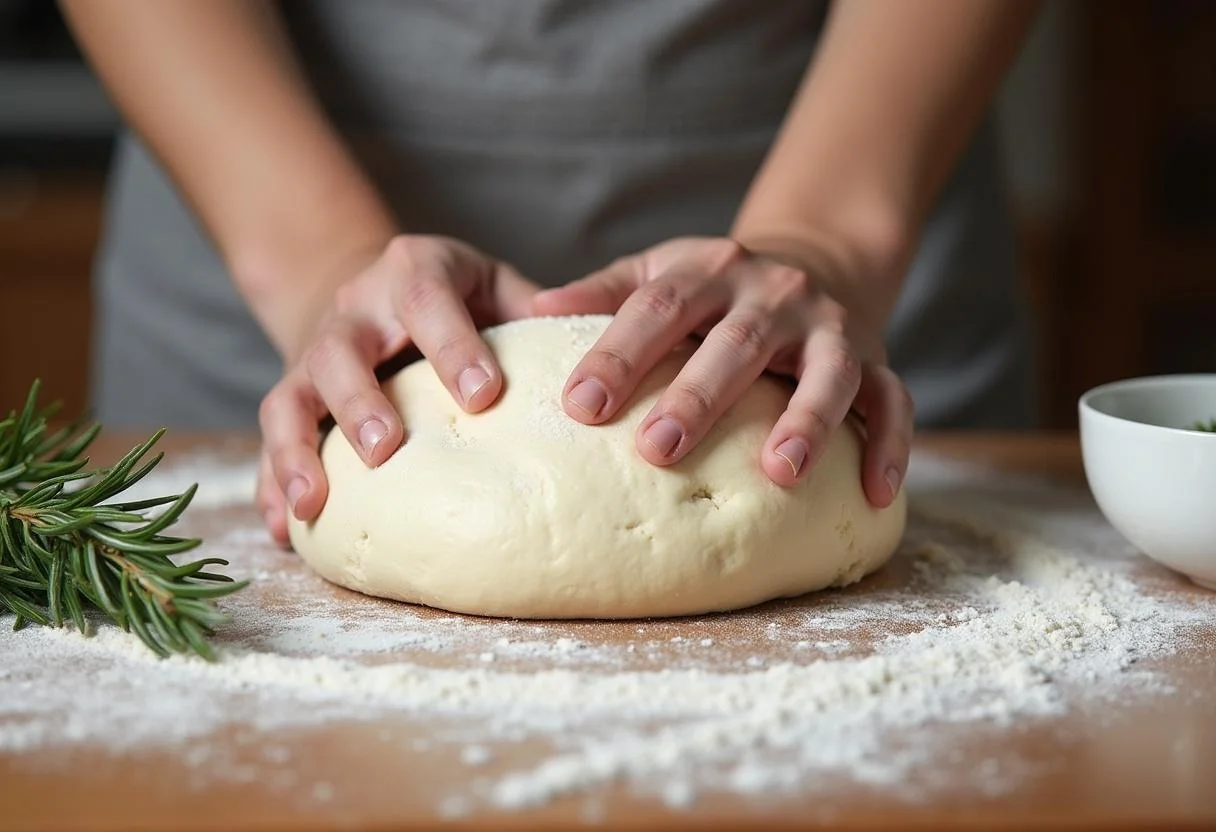 Shaping rosemary sourdough bread loaf on a floured surface, with fresh herbs and flour in the cozy kitchen.