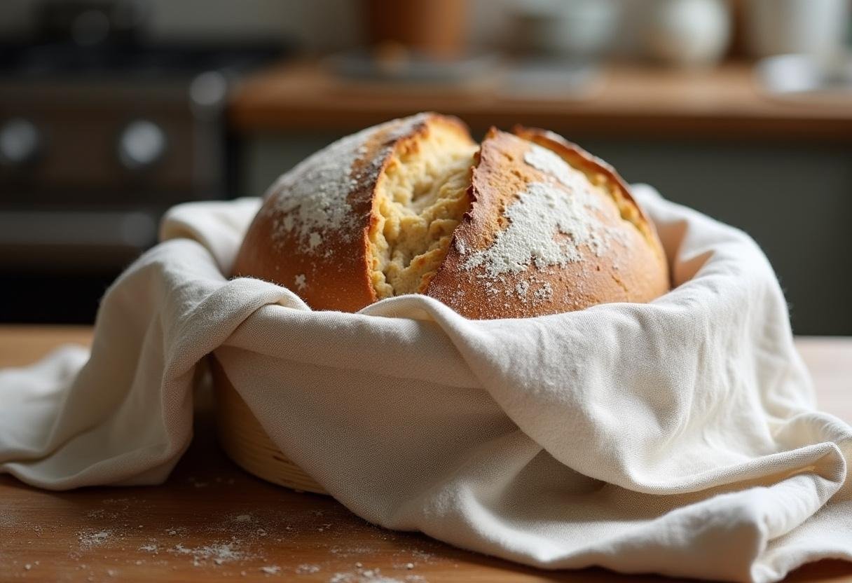 Final rise of rosemary sourdough bread dough in a banneton before baking, set in a warm kitchen atmosphere.