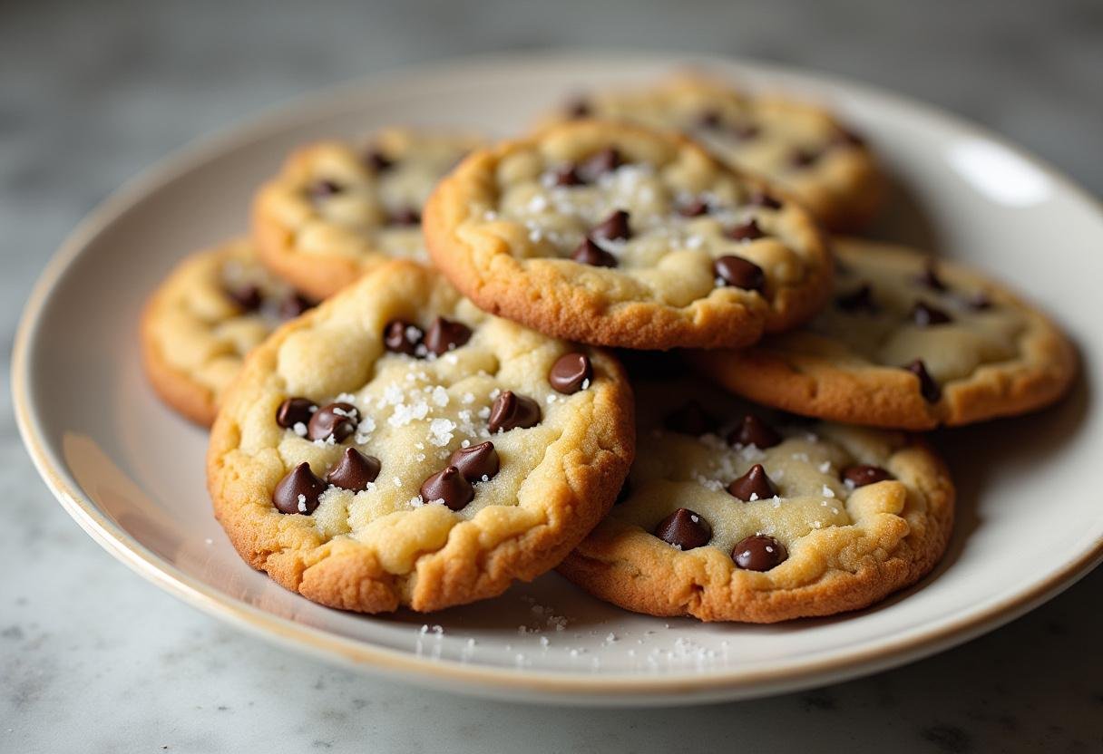 Delicious salted chocolate chip cookies ready to enjoy, showcasing thin crispy chocolate cookies with a perfect sprinkle of sea salt.
