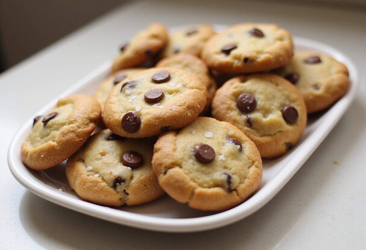Delicious salted chocolate chip cookies ready to enjoy, showcasing thin crispy chocolate cookies with a perfect sprinkle of sea salt.
