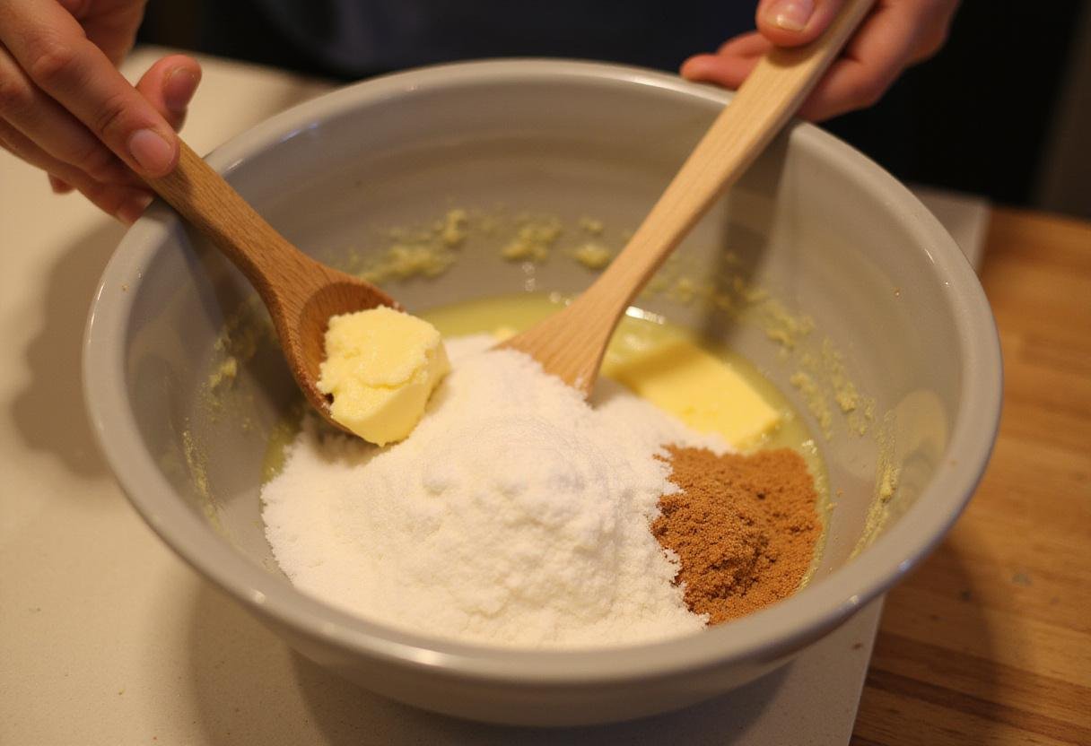 Mixing softened butter and granulated sugar for salted chocolate chip cookies on a cozy kitchen countertop.