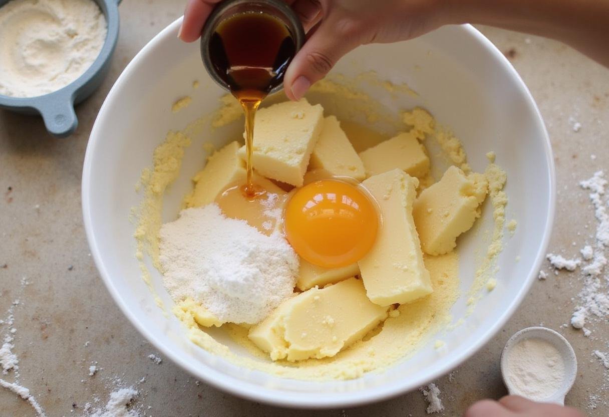 Adding vanilla extract and an egg to the mixture for thin crispy chocolate cookies, showcasing the preparation process.