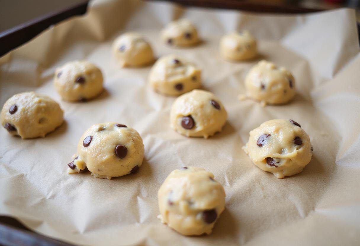 Arranging cookie dough on a baking sheet for thin chocolate chip cookies, capturing the anticipation of baking in a home kitchen.