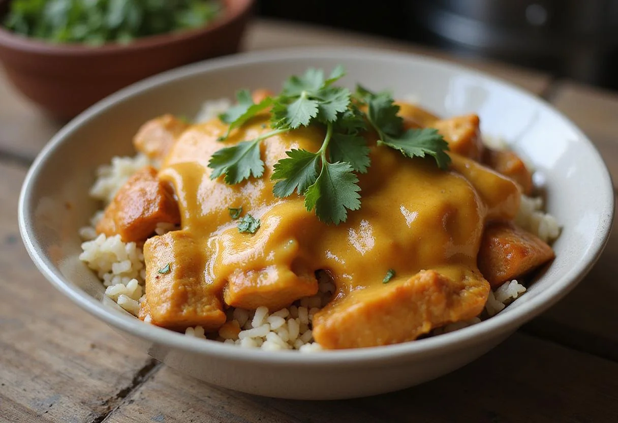 Delicious One Pot Queso Chicken And Rice served in a bowl, garnished with cilantro.