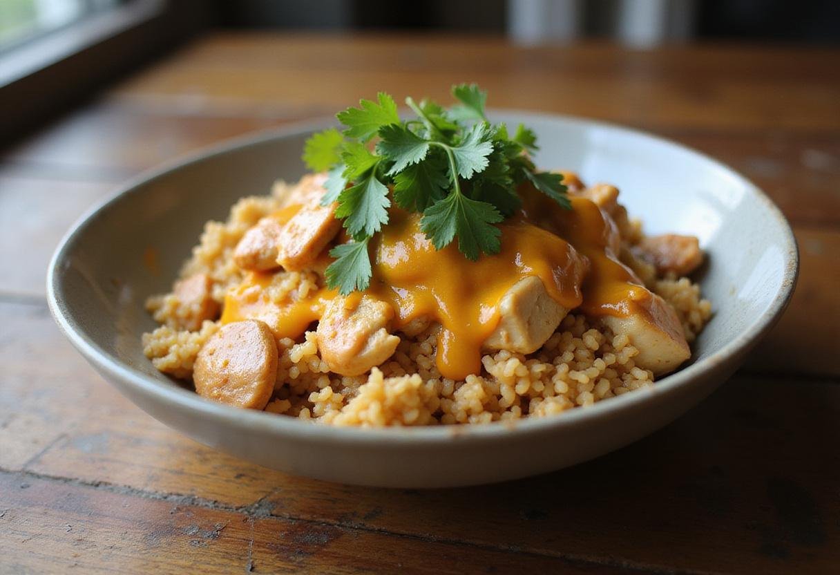 Delicious One Pot Queso Chicken And Rice served in a bowl, garnished with cilantro.