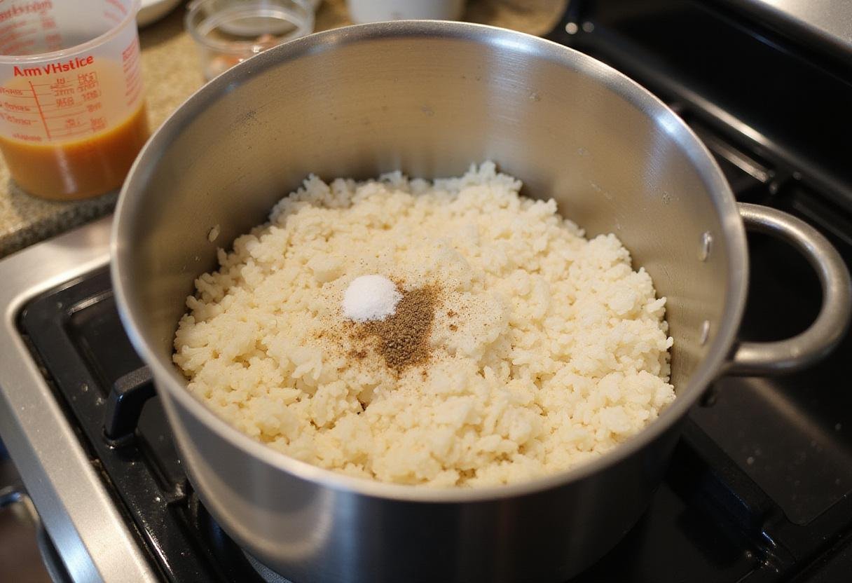 Uncooked rice and seasonings in a pot, ready for Simple One Pot Queso Chicken And Rice recipe.