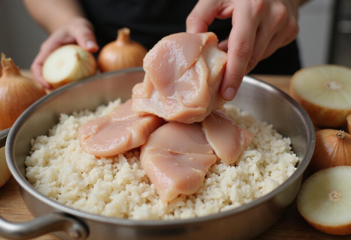 Raw chicken chunks added to the pot for One Pot Queso Chicken And Rice preparation.