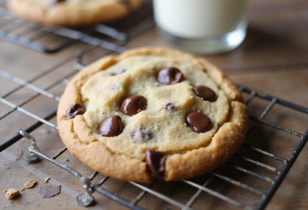Final result of a small batch chocolate chip cookie recipe with a soft texture and warm chocolate, perfect for a single serve treat.
