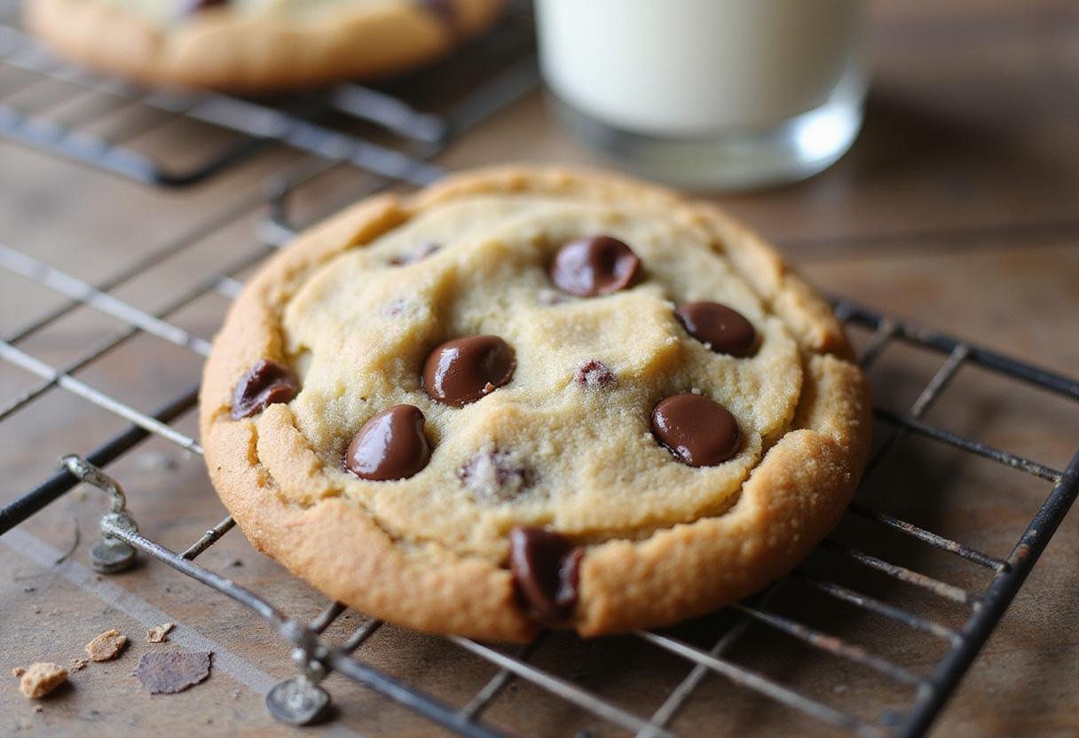 Final result of a small batch chocolate chip cookie recipe with a soft texture and warm chocolate, perfect for a single serve treat.