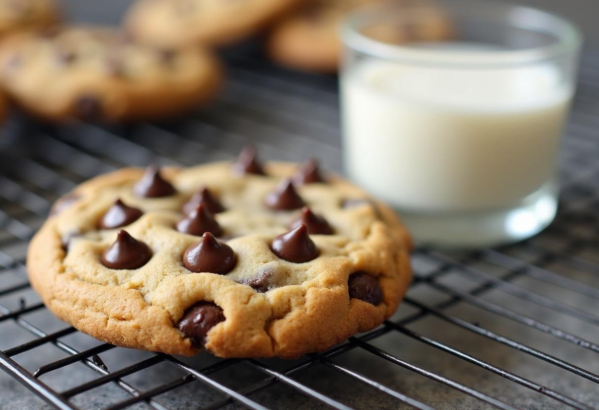 Final result of a small batch chocolate chip cookie recipe with a soft texture and warm chocolate, perfect for a single serve treat.