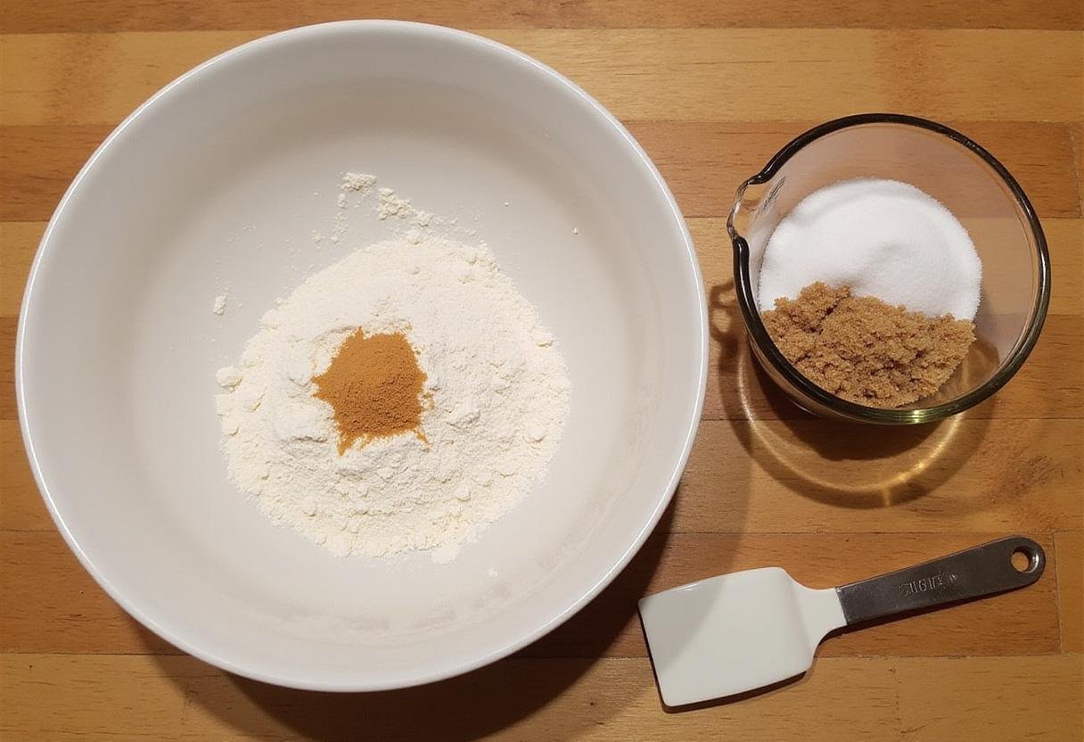Ingredients for a single serve chocolate chip cookie preparation including flour, baking soda, and sugars.