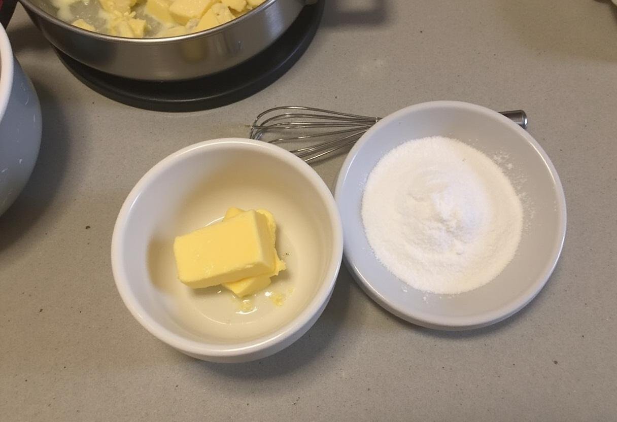 Mixing softened butter with sugars for a single chocolate chip cookie recipe on a countertop.