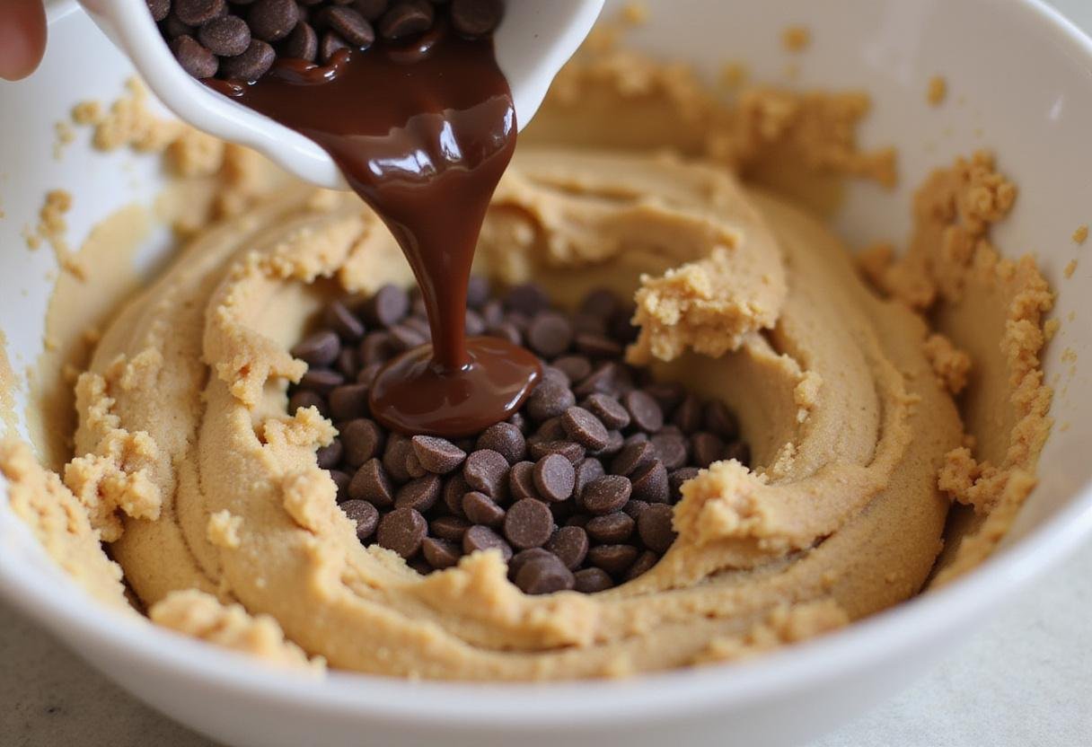 Adding chocolate chips to a small batch of chocolate chip cookies dough, highlighting the key ingredient.