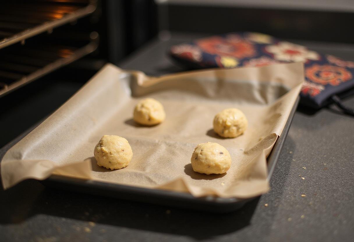 Preparing small batch chocolate chip cookie dough balls on a tray before baking.