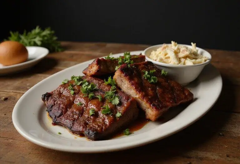 Deliciously plated smoked beef and ribs with fresh herbs, showcasing the perfect barbecue feast.