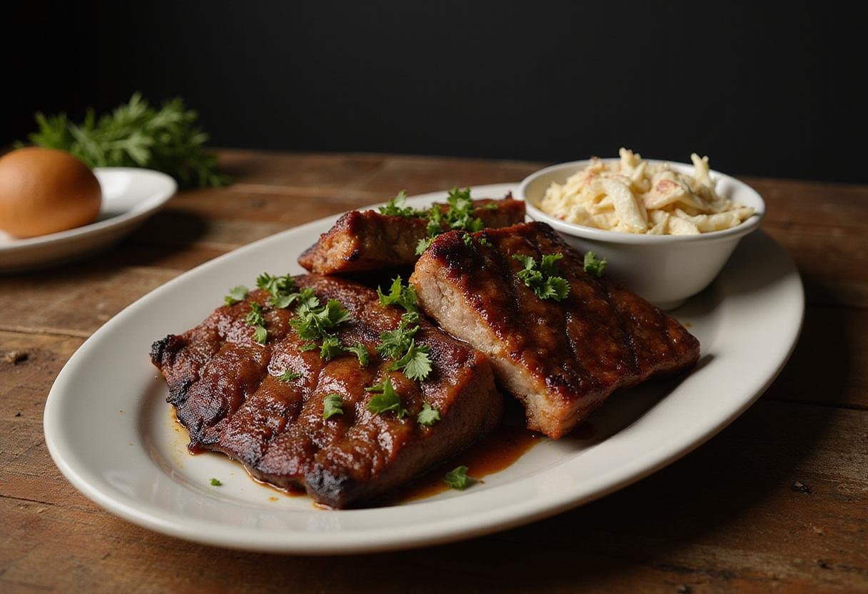 Deliciously plated smoked beef and ribs with fresh herbs, showcasing the perfect barbecue feast.