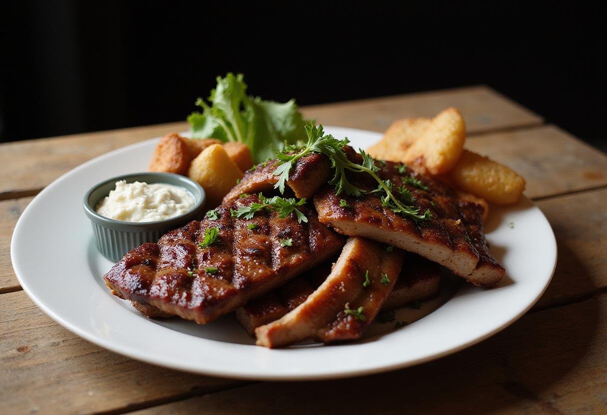 Deliciously plated smoked beef and ribs with fresh herbs, showcasing the perfect barbecue feast.