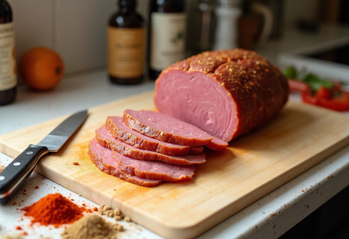 Preparing smoked corned beef on a cutting board with spices for a flavorful smoked beef dish.