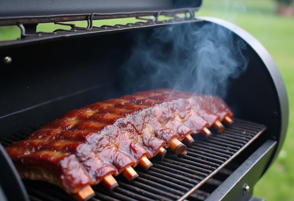 Smoking beef short ribs in an outdoor smoker, producing rich smoky flavors as the meat cooks perfectly.
