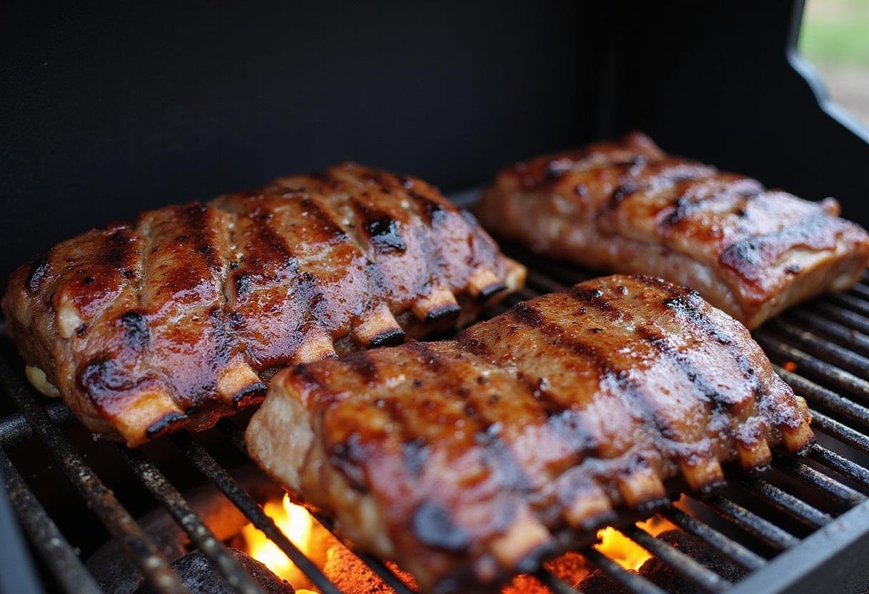 Grilling smoked corned beef and beef short ribs on a barbecue grill, capturing the essence of outdoor summer cooking.