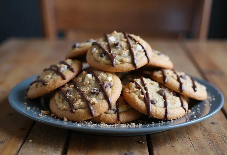 Beautifully arranged s'mores chocolate chip cookies on a plate, drizzled with chocolate and garnished with graham cracker crumbs, perfect for dessert.