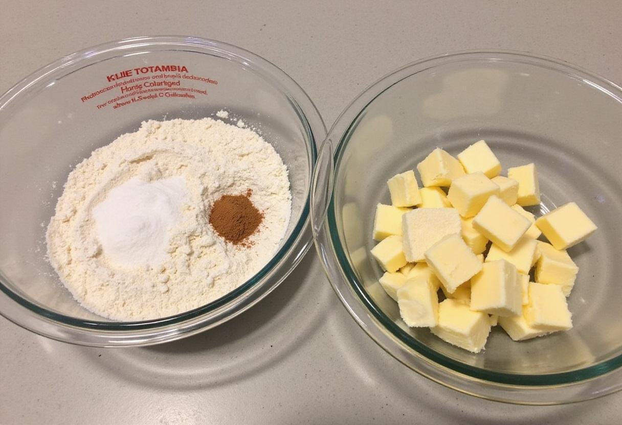 Ingredients for s'mores chocolate chip cookies, with flour, baking soda, salt, butter, and sugar on a kitchen counter.